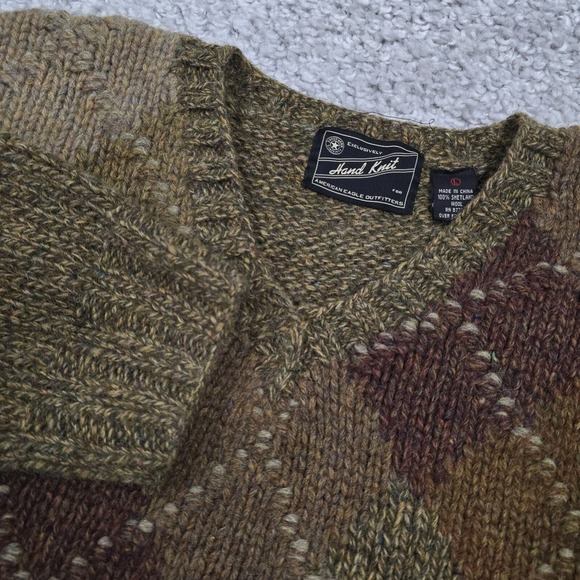 American Eagle Mens L Wool Argyle Sweater Green Brown V Neck Hand Knit Vintage - Picture 2 of 11